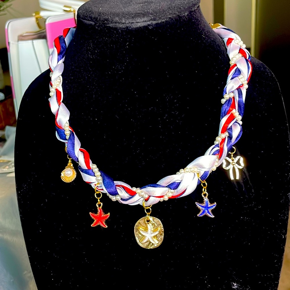 Nautical Red, White & Blue Scarf Charm Necklace – Adjustable Clasp ⚓❤️🤍💙